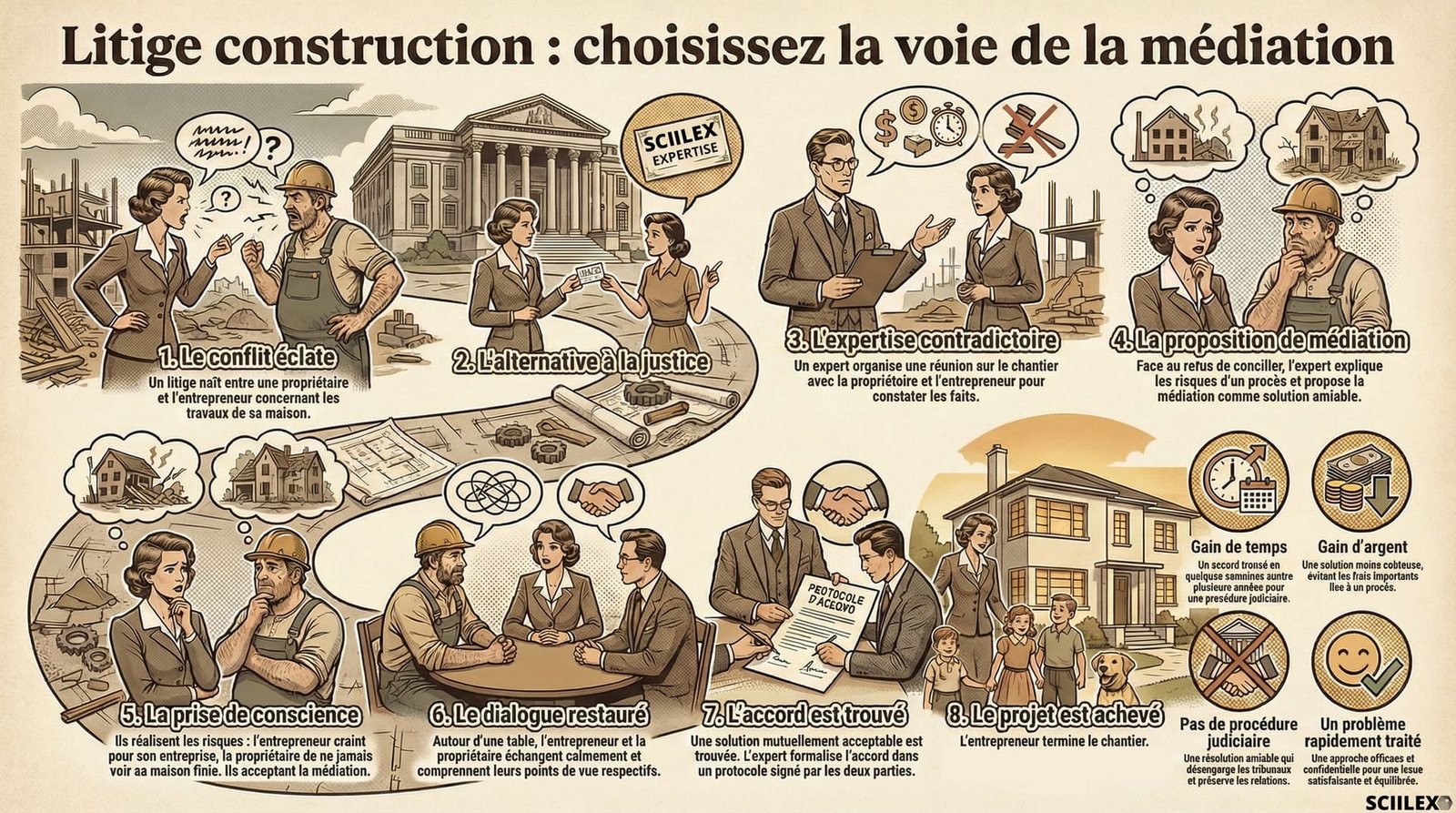 Comprendre les étapes de la médiation pour les litiges en lien avec le bâtiment et la construction.