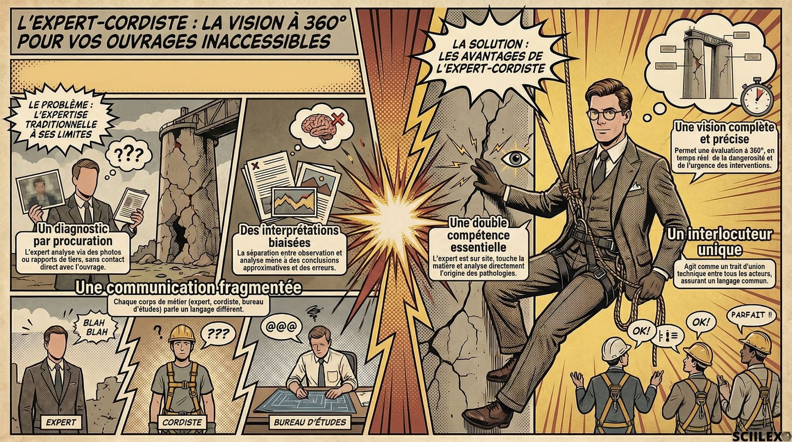 Expert bâtiment cordiste réalisant une expertise technique en accès difficile sur un ouvrage d'art.