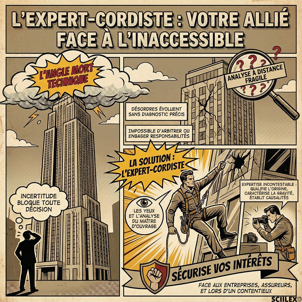 Infographie illustrant l'expertise d'un bâtiment en hauteur pour lever l'angle mort technique d'un maître d'ouvrage