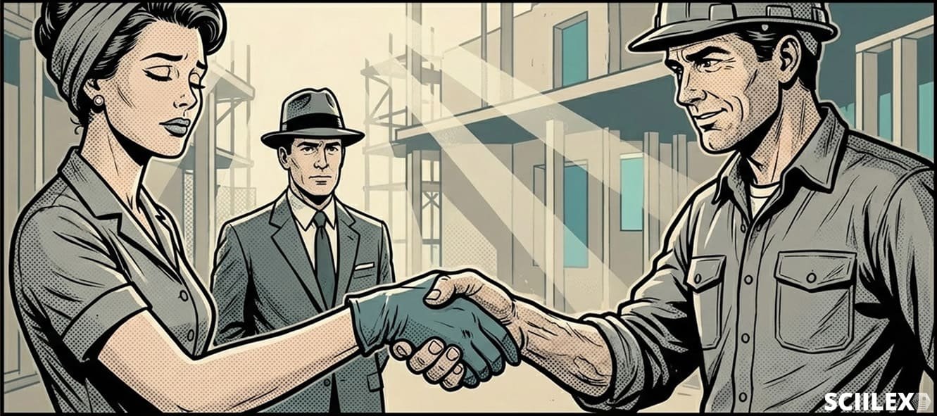 Accord amiable dans un litige de construction symbolisé par une poignée de main avec l’expert bâtiment